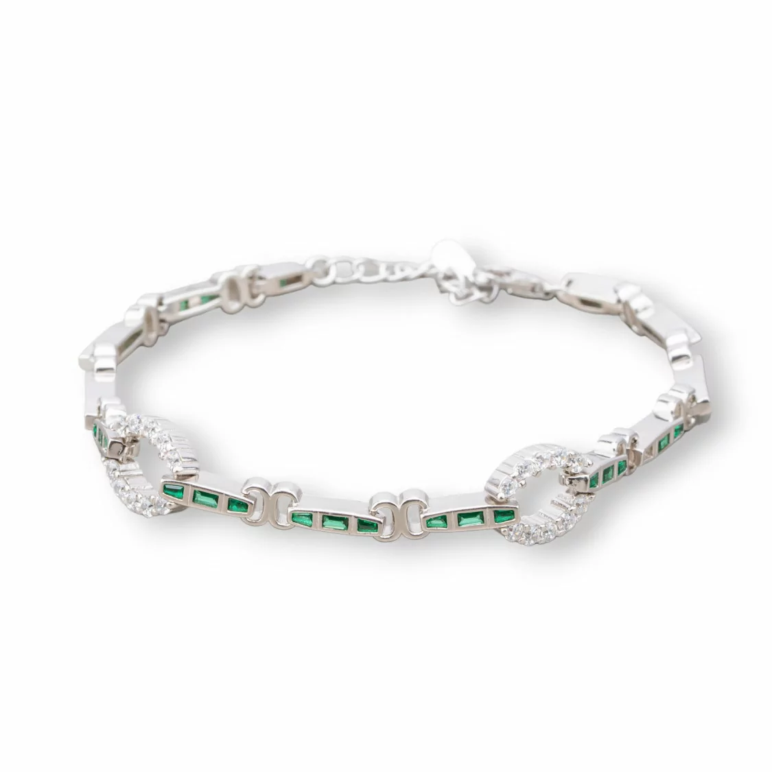 Bracciale Di Argento 925 'Amelia' Con Zircone A Baguette E Maglia Ovale Larghezza 9mm Lunghezza 18cm+3cm Rodiato Verde Smeraldo-BRACCIALI TENNIS | Worldofjewel.com