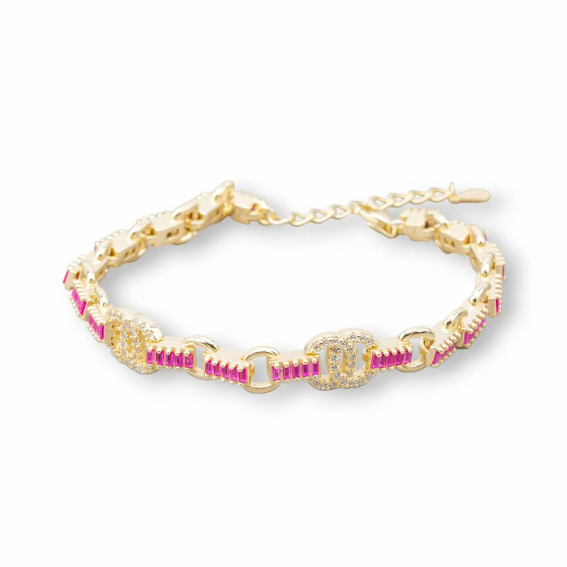 Bracciale Di Argento 925 'Amelia' Con Zircone A Baguette E Maglia Tonda Larghezza 8m Lunghezza 16,5cm+3cm Dorato Rosso Ruby-BRACCIALI TENNIS | Worldofjewel.com