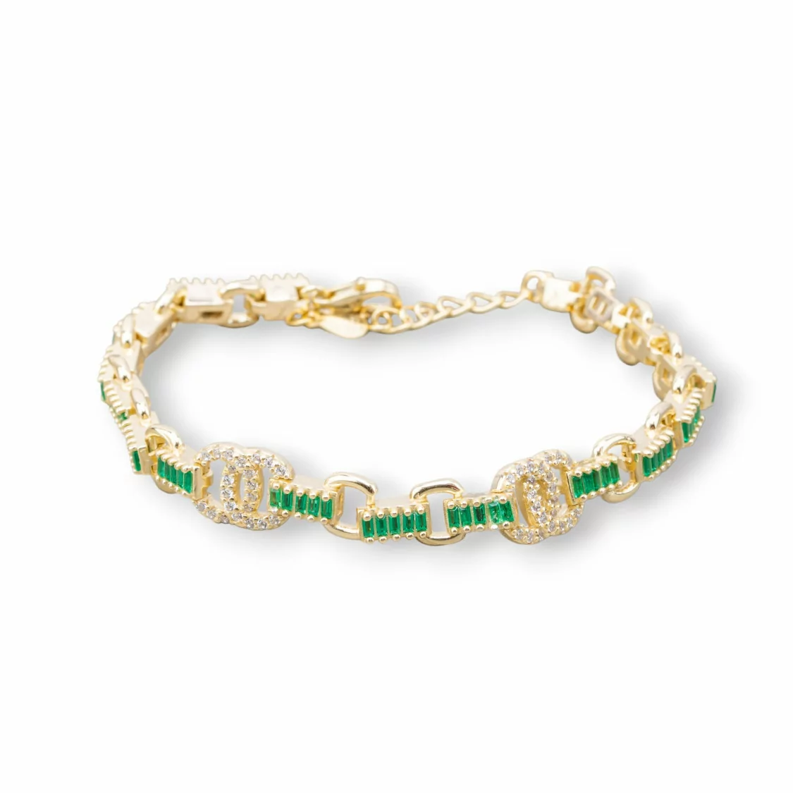 Bracciale Di Argento 925 'Amelia' Con Zircone A Baguette E Maglia Tonda Larghezza 8m Lunghezza 16,5cm+3cm Dorato Verde Smeraldo-BRACCIALI TENNIS | Worldofjewel.com