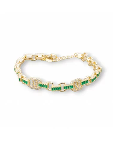 Bracciale Di Argento 925 'Amelia' Con Zircone A Baguette E Maglia Tonda Larghezza 8m Lunghezza 16,5cm+3cm Dorato Verde Smeraldo-BRACCIALI TENNIS | Worldofjewel.com