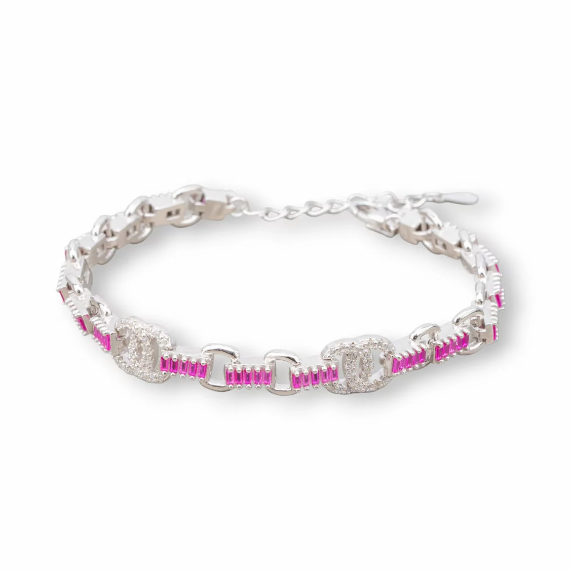 Bracciale Di Argento 925 'Amelia' Con Zircone A Baguette E Maglia Tonda Larghezza 8m Lunghezza 16,5cm+3cm Rodiato Rosso Ruby-BRACCIALI TENNIS | Worldofjewel.com