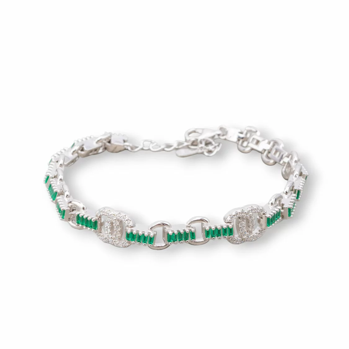 Bracciale Di Argento 925 'Amelia' Con Zircone A Baguette E Maglia Tonda Larghezza 8m Lunghezza 16,5cm+3cm Rodiato Verde Smerald-BRACCIALI TENNIS | Worldofjewel.com