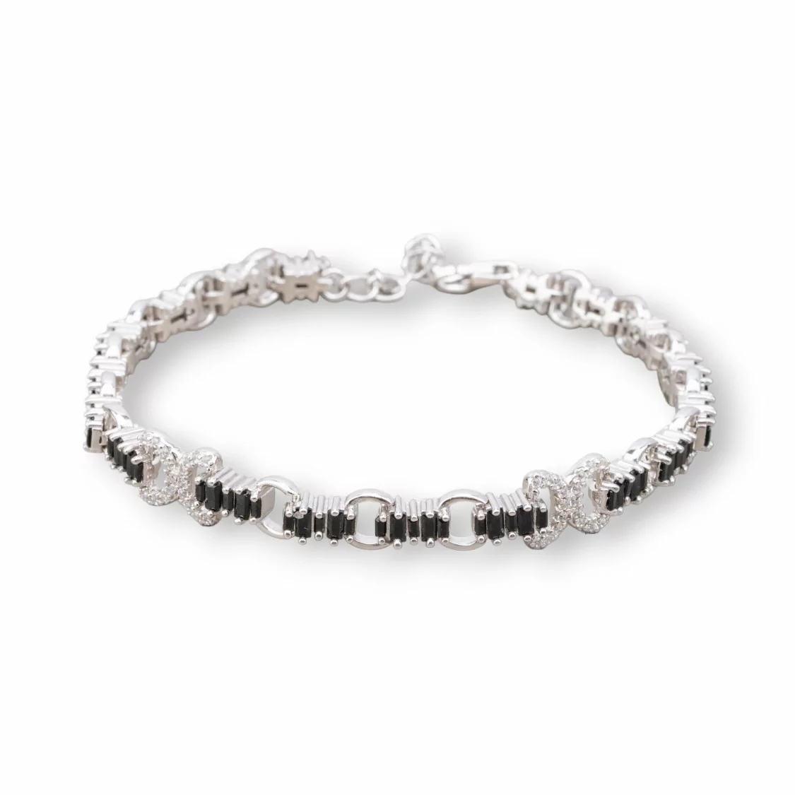 Bracciale Di Argento 925 'Amelia' Con Zircone A Baguette E Maglia Tonda Larghezza 8m Lunghezza 17,5cm+3cm Rodiato Nero Jet-BRACCIALI TENNIS | Worldofjewel.com