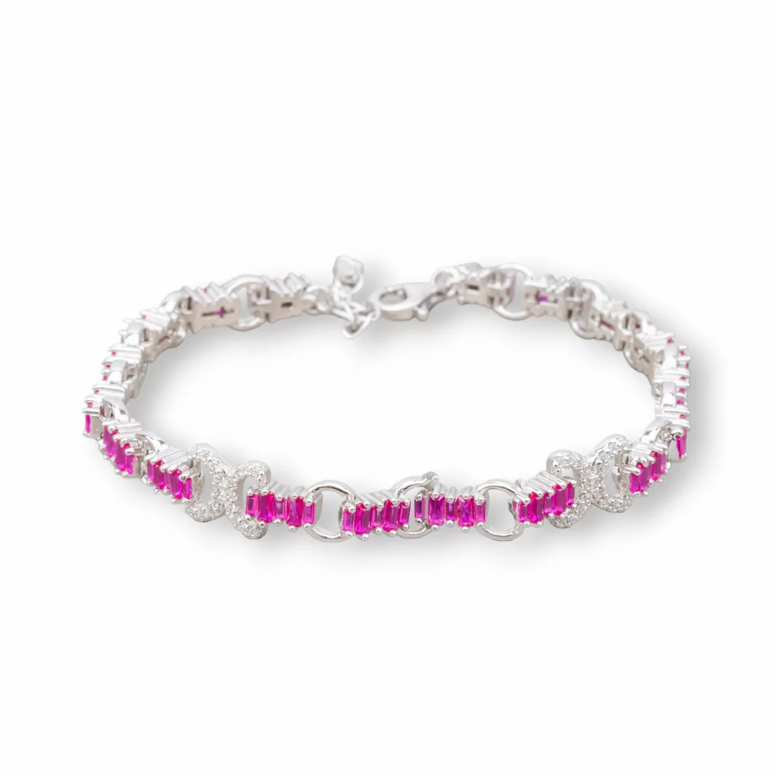 Bracciale Di Argento 925 'Amelia' Con Zircone A Baguette E Maglia Tonda Larghezza 8m Lunghezza 17,5cm+3cm Rodiato Rosso Ruby-BRACCIALI TENNIS | Worldofjewel.com