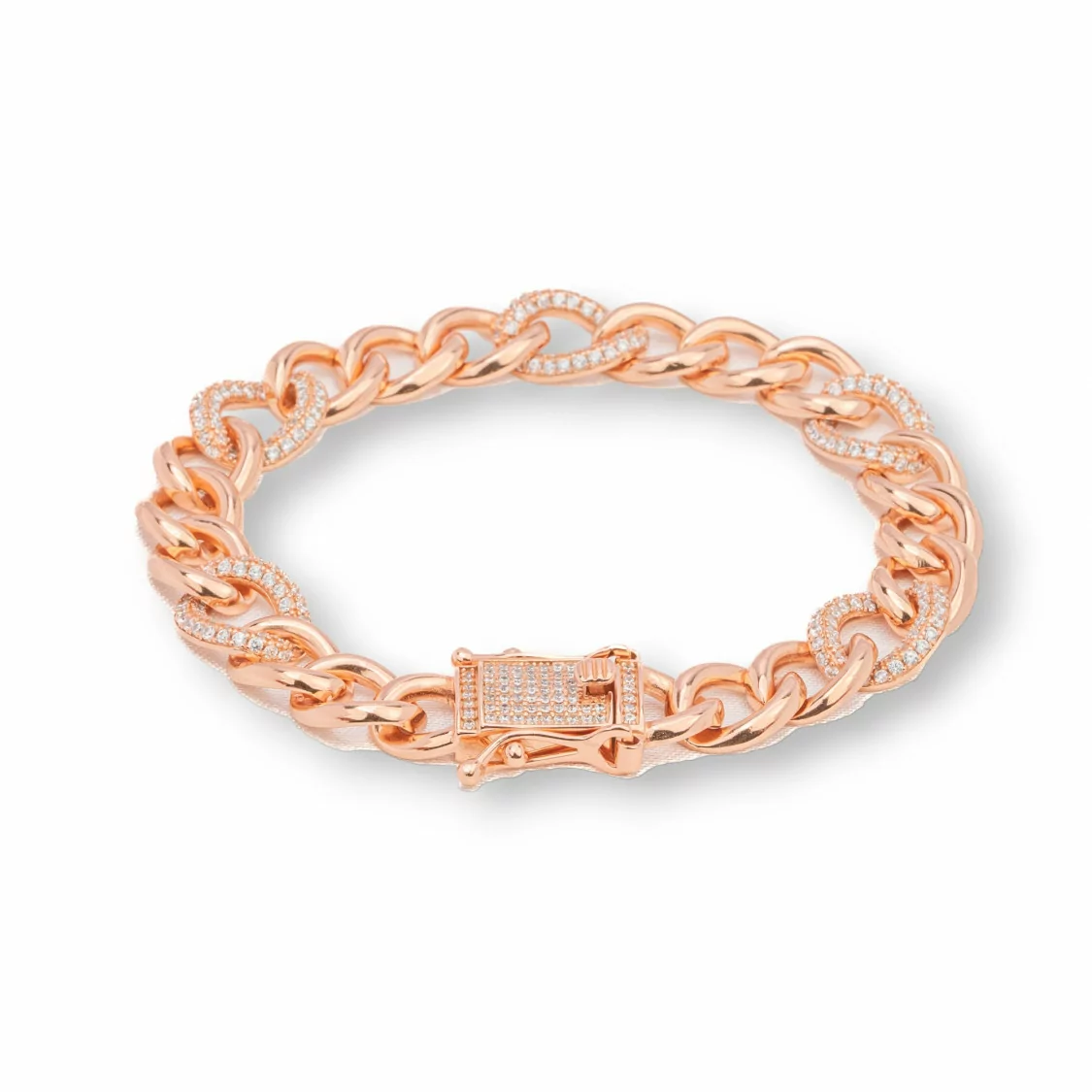 Bracciale Di Argento 925 'Antonette' Maglia Groumette Con Zirconi Larghezza 10,5mm Lunghezza 18cm Oro Rosa-BRACCIALI TENNIS | Worldofjewel.com