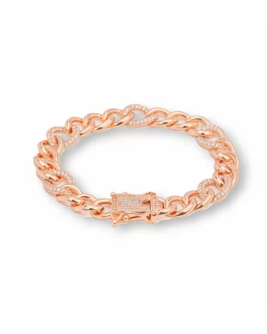 Bracciale Di Argento 925 'Antonette' Maglia Groumette Con Zirconi Larghezza 10,5mm Lunghezza 18cm Oro Rosa-BRACCIALI TENNIS | Worldofjewel.com