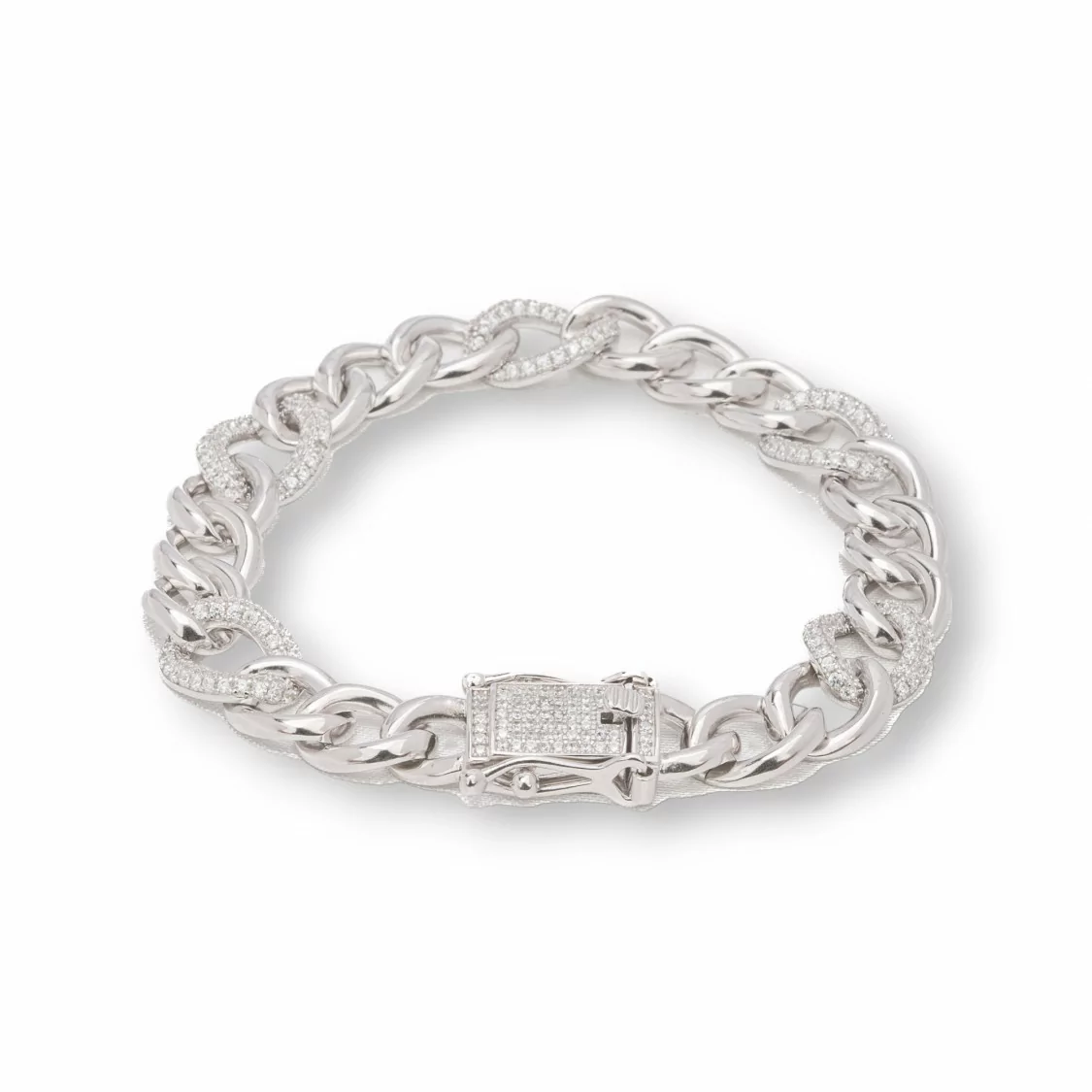 Bracciale Di Argento 925 'Antonette' Maglia Groumette Con Zirconi Larghezza 10,5mm Lunghezza 18cm Rodiato-BRACCIALI TENNIS | Worldofjewel.com