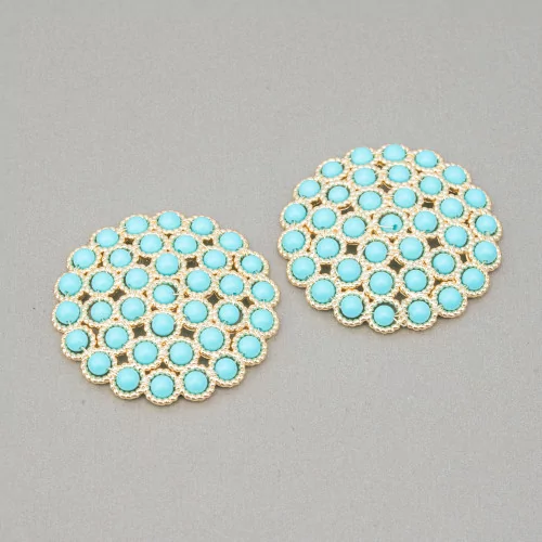 Connector Component Of Stones With Brass And Beads Linked On Filigree 33mm 2pcs Golden Turquoise Paste