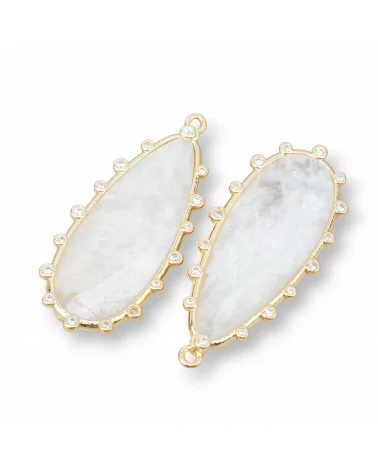 Connettore Componente Pendente Di Ottone Forma di Goccia Con Pietre Dure 18x40mm 3pz Dorato Labradorite Bianco- MANGO | Worldofjewel.com