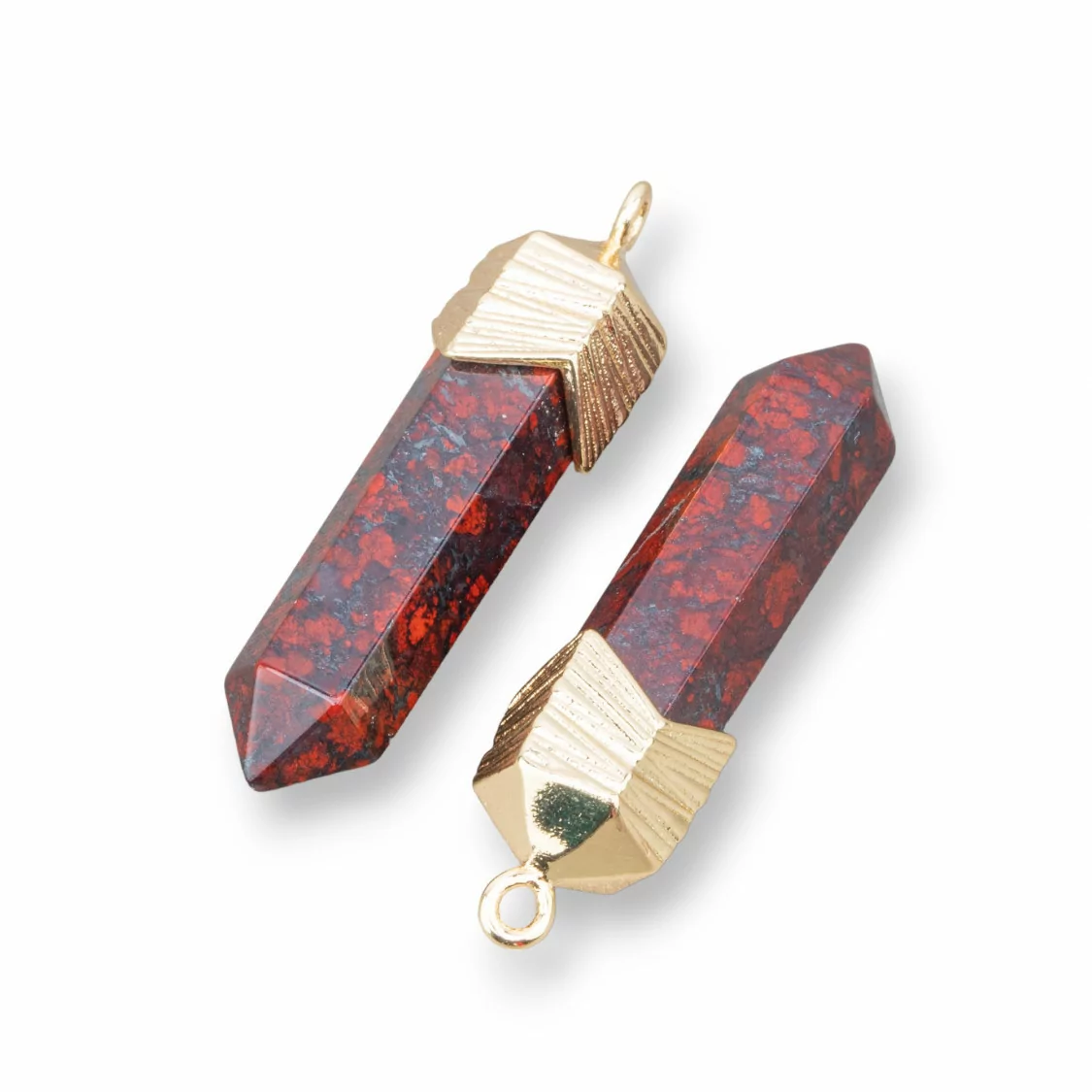 Connettore Componente Pendente Di Ottone Forma di Obelisco Con Pietre Dure 8x25mm 8pz Dorato Diaspro Rosso- MANGO | Worldofjewel.com