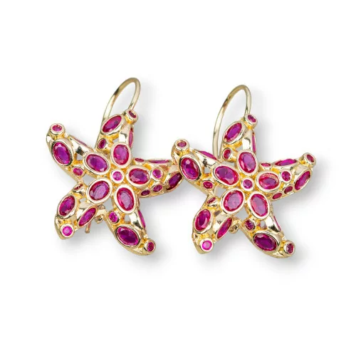 Juego De Pendientes Colgantes Estrella De Mar Bronce Con Circonita 25x35mm Rojo Rubí