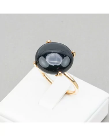 Anello Di Bronzo Con Occhio Di Gatto Cabochon Tondo 15mm Misura Regolabile Dorato Nero-ANELLI BRONZO E OCCHIO DI GATTO | Worldofjewel.com