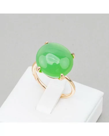 Anello Di Bronzo Con Occhio Di Gatto Cabochon Tondo 15mm Misura Regolabile Dorato Verde-ANELLI BRONZO E OCCHIO DI GATTO | Worldofjewel.com