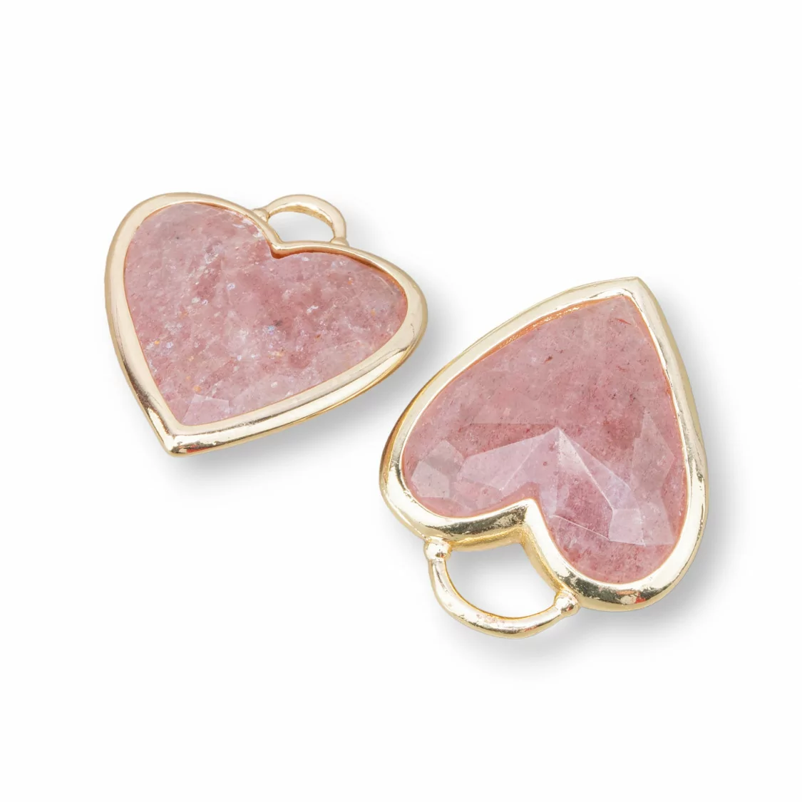 Connettore Componente Pendente Di Ottone Forma di Cuore Con Pietre Dure 20mm 4pz Dorato Quarzo Fragola- MANGO | Worldofjewel.com