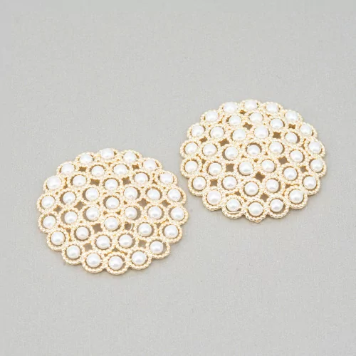 Connector Component Of Stones With Brass And Beads Linked On Filigree 33mm 2pcs Golden Majorca White