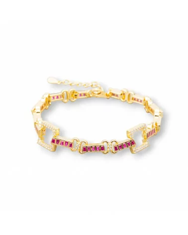 Bracciale Di Argento 925 'Amelia' Con Zircone A Baguette E Maglia Quadrata Larghezza 10mm Lunghezza 17cm+3cm Dorato Rosso Ruby-BRACCIALI TENNIS | Worldofjewel.com