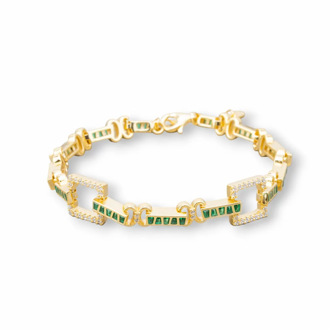 Bracciale Di Argento 925 'Amelia' Con Zircone A Baguette E Maglia Quadrata Larghezza 10mm Lunghezza 17cm+3cm Dorato Verde Smera-BRACCIALI TENNIS | Worldofjewel.com