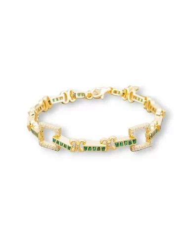 Bracciale Di Argento 925 'Amelia' Con Zircone A Baguette E Maglia Quadrata Larghezza 10mm Lunghezza 17cm+3cm Dorato Verde Smera-BRACCIALI TENNIS | Worldofjewel.com