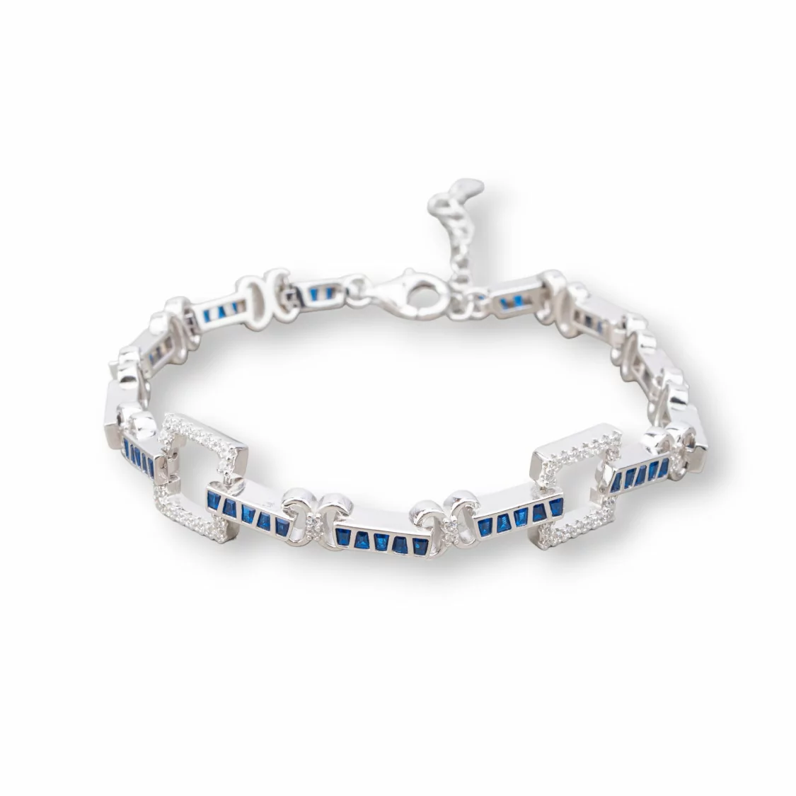 Bracciale Di Argento 925 'Amelia' Con Zircone A Baguette E Maglia Quadrata Larghezza 10mm Lunghezza 17cm+3cm Rodiato Blu Zaffir-BRACCIALI TENNIS | Worldofjewel.com