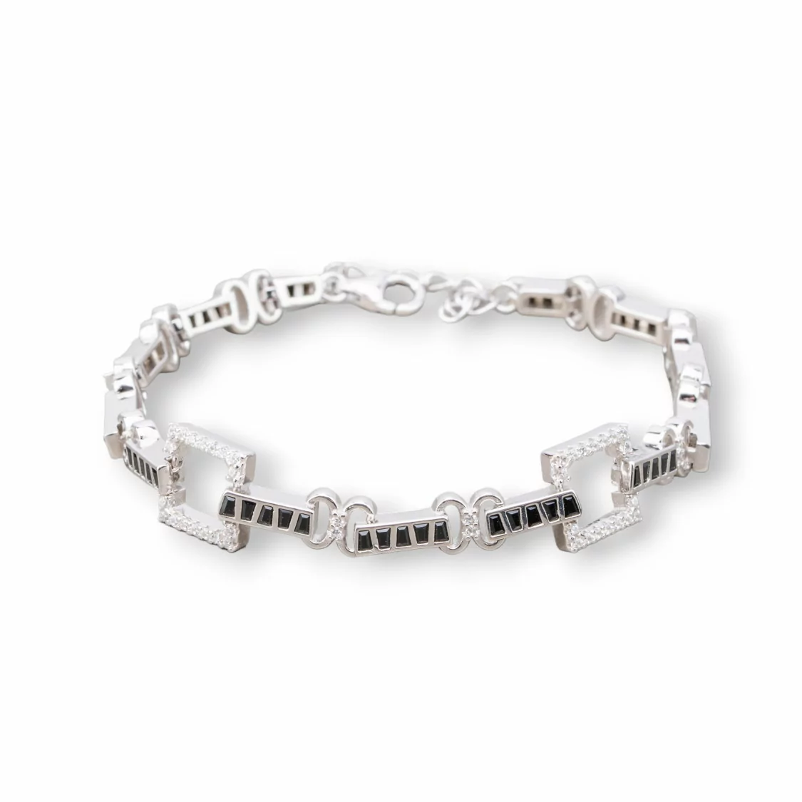 Bracciale Di Argento 925 'Amelia' Con Zircone A Baguette E Maglia Quadrata Larghezza 10mm Lunghezza 17cm+3cm Rodiato Nero-BRACCIALI TENNIS | Worldofjewel.com