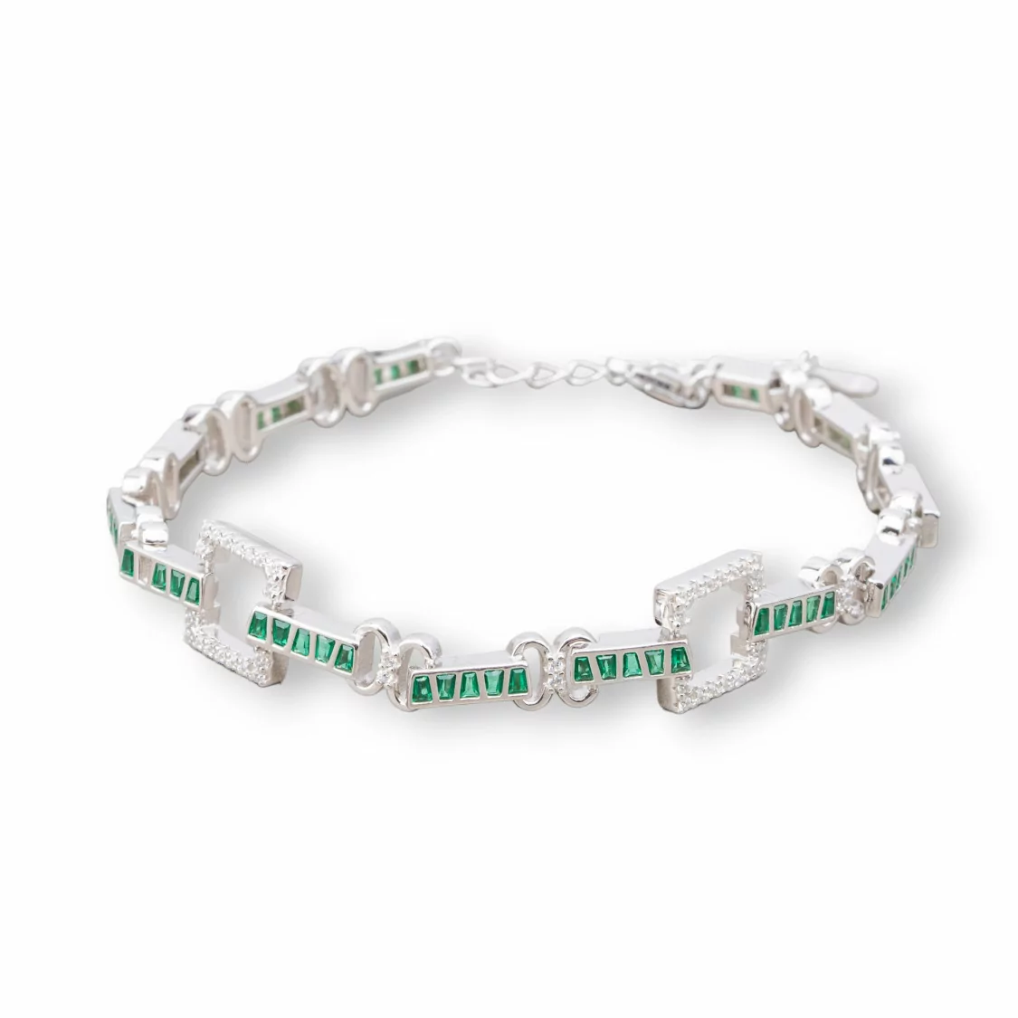 Bracciale Di Argento 925 'Amelia' Con Zircone A Baguette E Maglia Quadrata Larghezza 10mm Lunghezza 17cm+3cm Rodiato Verde Smer-BRACCIALI TENNIS | Worldofjewel.com