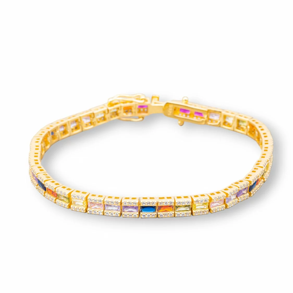 Bracciale Di Argento 925 'Amelia' Con Zircone A Baguette Multicolor Larghezza 5mm Lunghezza 19cm Dorato Multicolor-BRACCIALI TENNIS | Worldofjewel.com