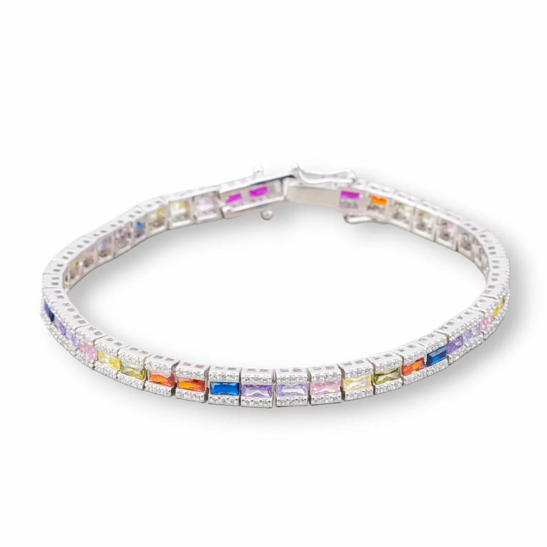 Bracciale Di Argento 925 'Amelia' Con Zircone A Baguette Multicolor Larghezza 5mm Lunghezza 19cm Rodiato Multicolor-BRACCIALI TENNIS | Worldofjewel.com