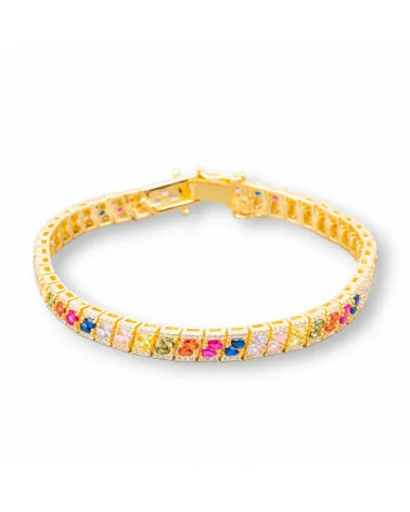 Bracciale Di Argento 925 'Amelia' Con Zircone A DoppiaGoccia Multicolor Larghezza 6mm Lunghezza 19cm Dorato-BRACCIALI TENNIS | Worldofjewel.com