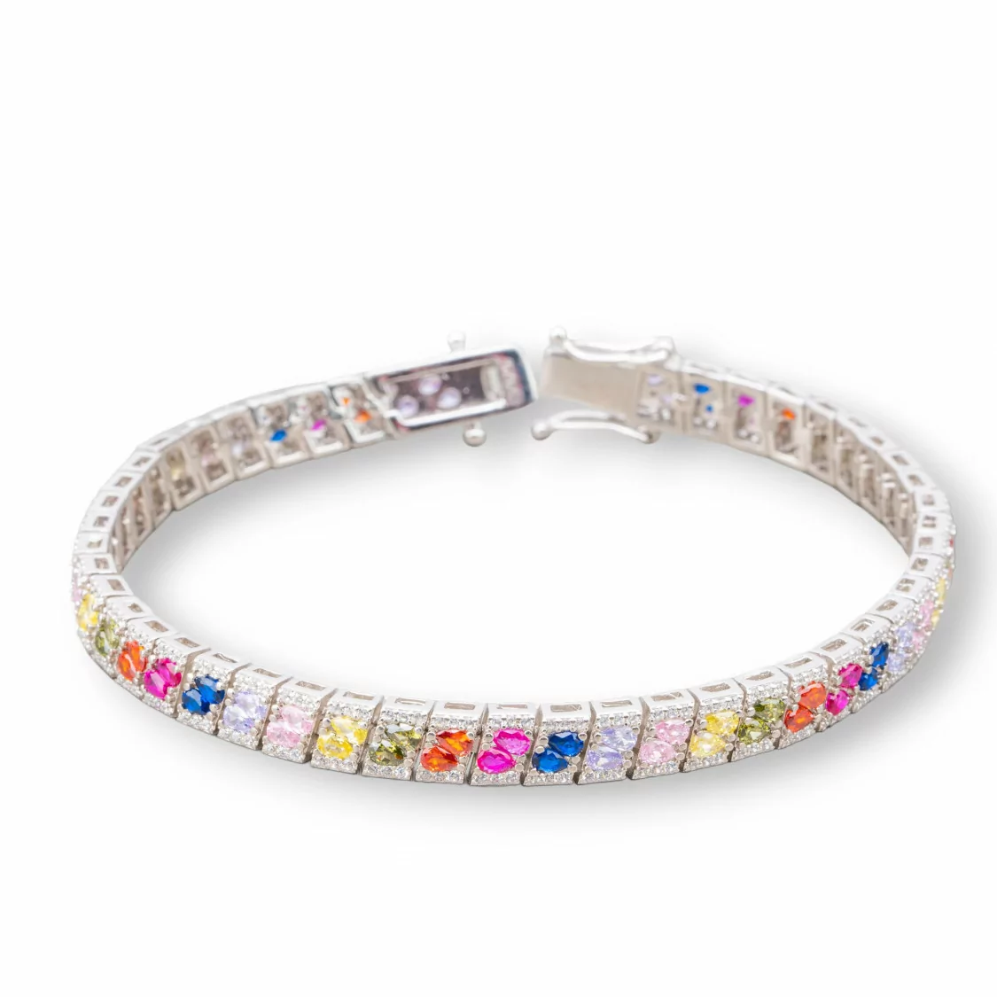 Bracciale Di Argento 925 'Amelia' Con Zircone A DoppiaGoccia Multicolor Larghezza 6mm Lunghezza 19cm Rodiato-BRACCIALI TENNIS | Worldofjewel.com