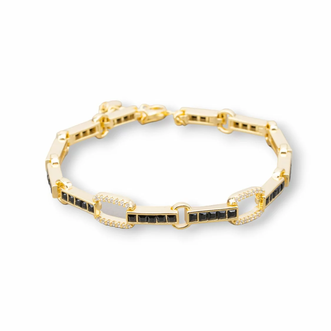 Bracciale Di Argento 925 'Amelia' Con Zircone A Quadrati E Maglia Ovale Larghezza 7,5m Lunghezza 17,5cm+3cm Dorato Nero-BRACCIALI TENNIS | Worldofjewel.com