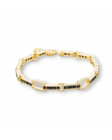 Bracciale Di Argento 925 'Amelia' Con Zircone A Quadrati E Maglia Ovale Larghezza 7,5m Lunghezza 17,5cm+3cm Dorato Nero-BRACCIALI TENNIS | Worldofjewel.com