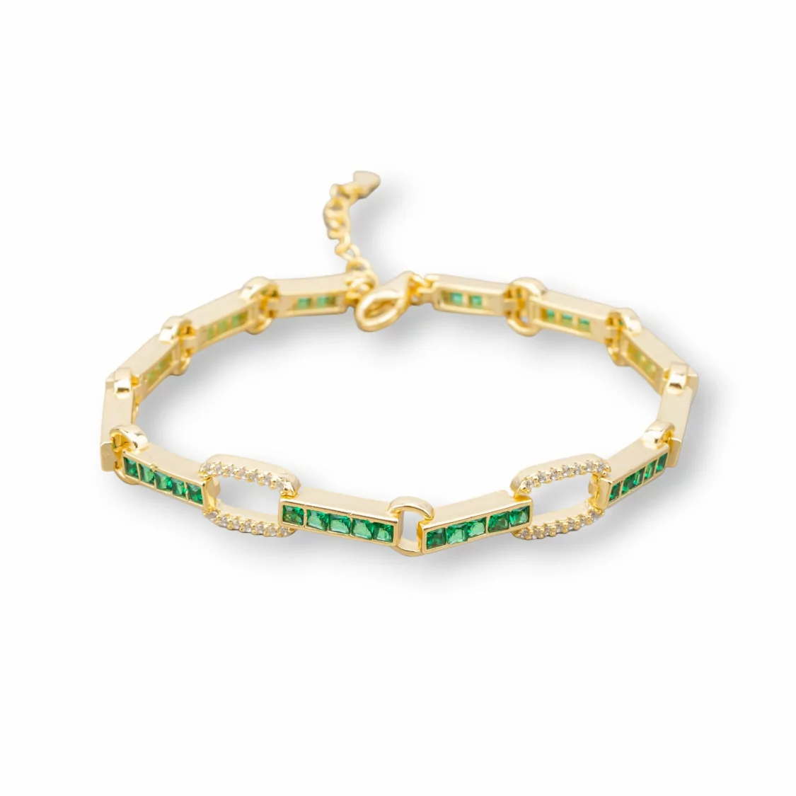 Bracciale Di Argento 925 'Amelia' Con Zircone A Quadrati E Maglia Ovale Larghezza 7,5m Lunghezza 17,5cm+3cm Dorato Verde Smeral-BRACCIALI TENNIS | Worldofjewel.com