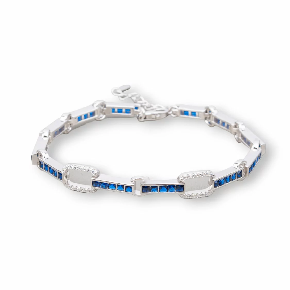 Bracciale Di Argento 925 'Amelia' Con Zircone A Quadrati E Maglia Ovale Larghezza 7,5m Lunghezza 17,5cm+3cm Rodiato Blu Zaffiro-BRACCIALI TENNIS | Worldofjewel.com