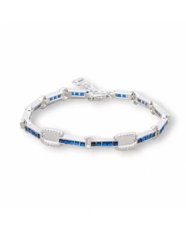 Bracciale Di Argento 925 'Amelia' Con Zircone A Quadrati E Maglia Ovale Larghezza 7,5m Lunghezza 17,5cm+3cm Rodiato Blu Zaffiro-BRACCIALI TENNIS | Worldofjewel.com