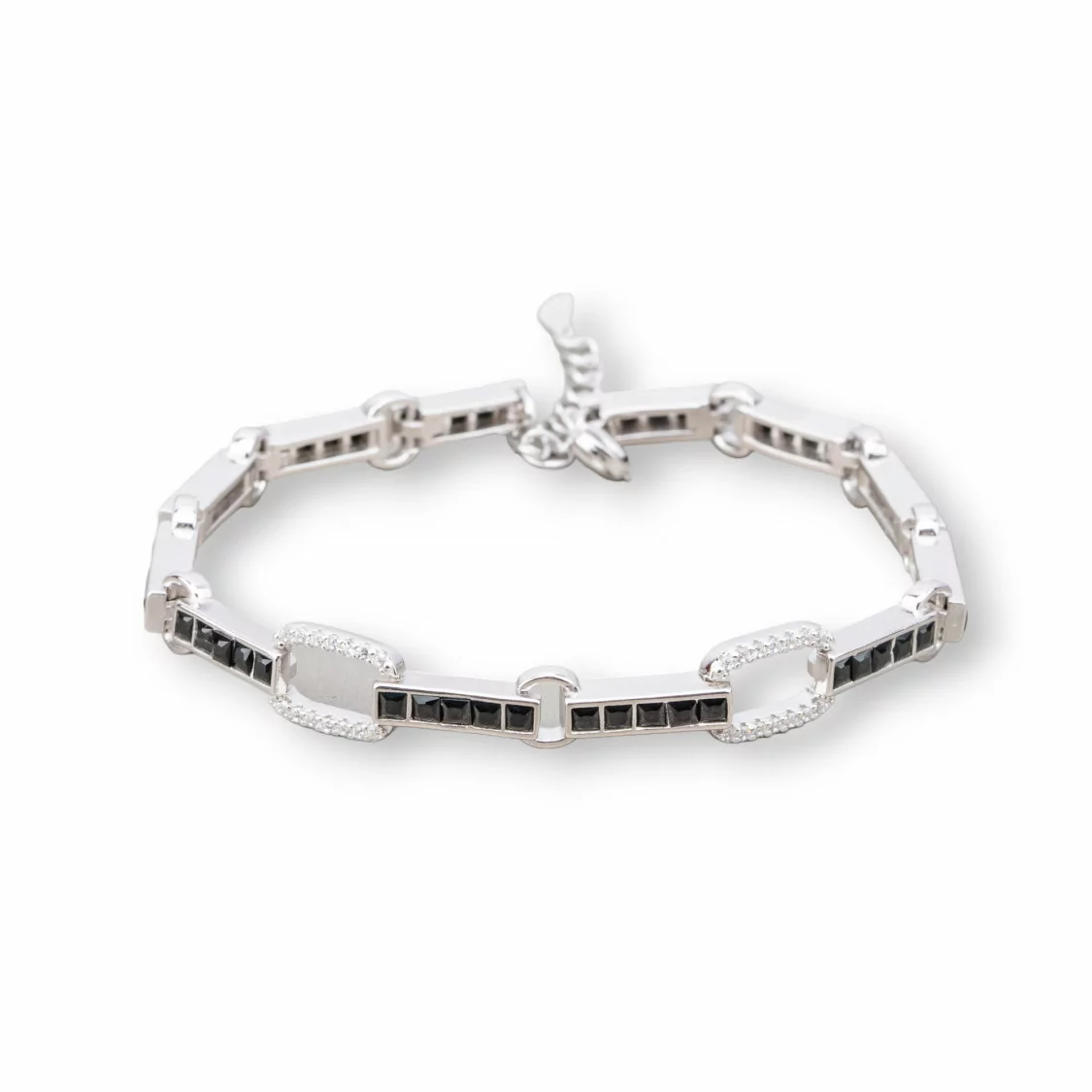 Bracciale Di Argento 925 'Amelia' Con Zircone A Quadrati E Maglia Ovale Larghezza 7,5m Lunghezza 17,5cm+3cm Rodiato Nero-BRACCIALI TENNIS | Worldofjewel.com