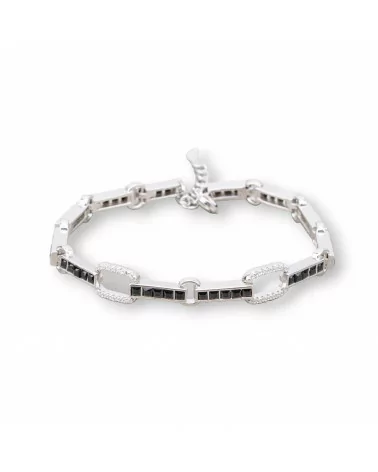 Bracciale Di Argento 925 'Amelia' Con Zircone A Quadrati E Maglia Ovale Larghezza 7,5m Lunghezza 17,5cm+3cm Rodiato Nero-BRACCIALI TENNIS | Worldofjewel.com