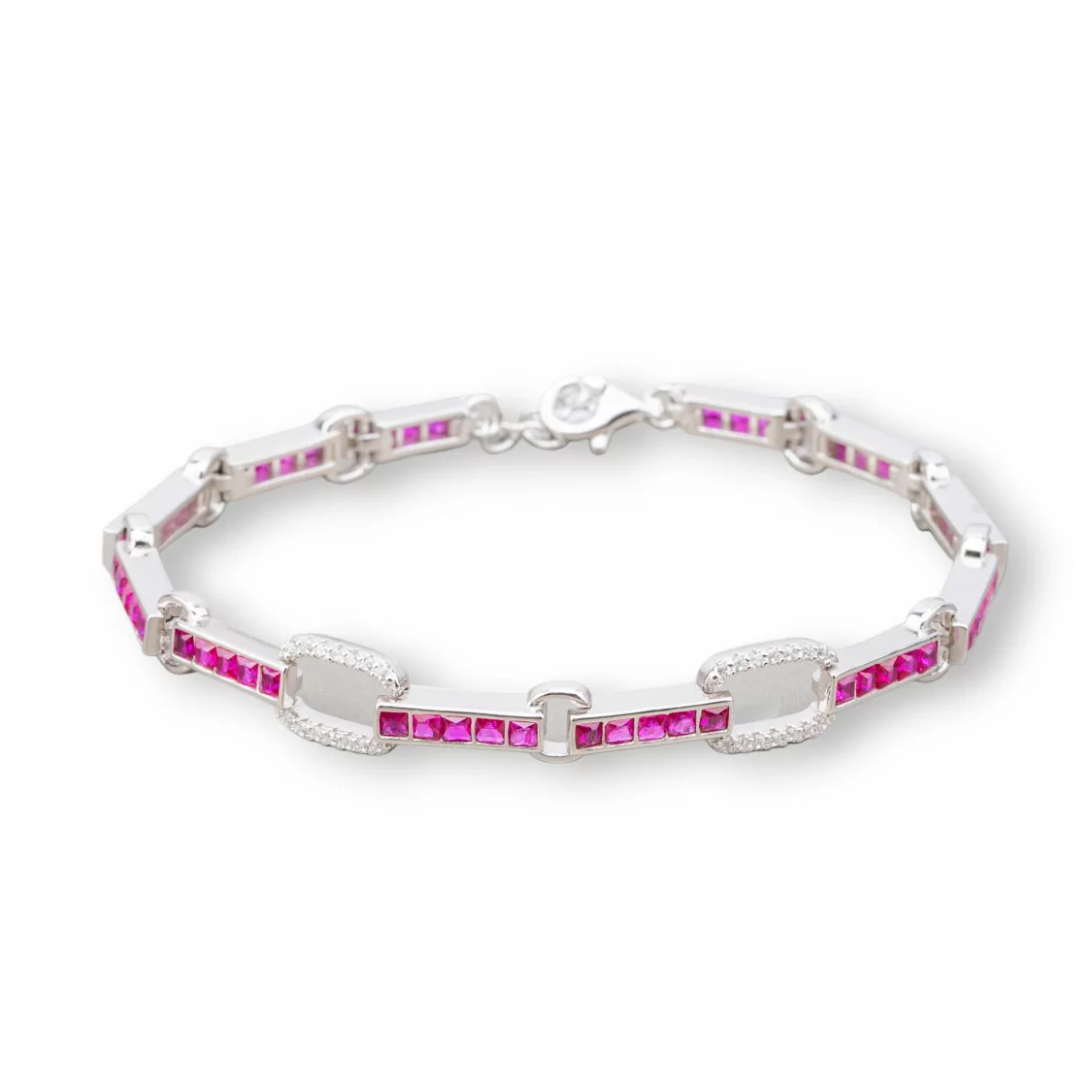 Bracciale Di Argento 925 'Amelia' Con Zircone A Quadrati E Maglia Ovale Larghezza 7,5m Lunghezza 17,5cm+3cm Rodiato Rosso Ruby-BRACCIALI TENNIS | Worldofjewel.com