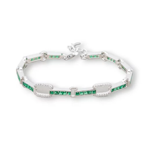 Bracciale Di Argento 925 'Amelia' Con Zircone A Quadrati E Maglia Ovale Larghezza 7,5m Lunghezza 17,5cm+3cm Rodiato Verde Smera