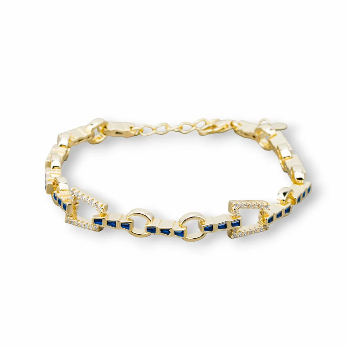 Bracciale Di Argento 925 'Amelia' Con Zircone Trapezio E Catena Larghezza 8mm Lunghezza 17cm+3cm Dorato Blu-BRACCIALI TENNIS | Worldofjewel.com