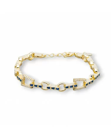 Bracciale Di Argento 925 'Amelia' Con Zircone Trapezio E Catena Larghezza 8mm Lunghezza 17cm+3cm Dorato Blu-BRACCIALI TENNIS | Worldofjewel.com