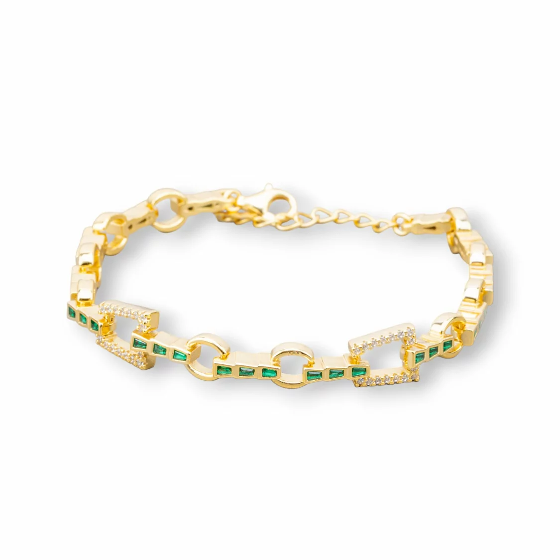 Bracciale Di Argento 925 'Amelia' Con Zircone Trapezio E Catena Larghezza 8mm Lunghezza 17cm+3cm Dorato Verde-BRACCIALI TENNIS | Worldofjewel.com