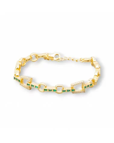 Bracciale Di Argento 925 'Amelia' Con Zircone Trapezio E Catena Larghezza 8mm Lunghezza 17cm+3cm Dorato Verde-BRACCIALI TENNIS | Worldofjewel.com