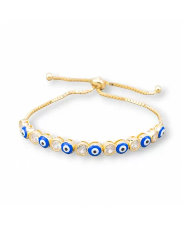 Bracciale Di Argento 925 Con Occhio Di Allah e Zirconi 5mm Con Misura Regolabile Dorato Blu-BRACCIALI TENNIS | Worldofjewel.com