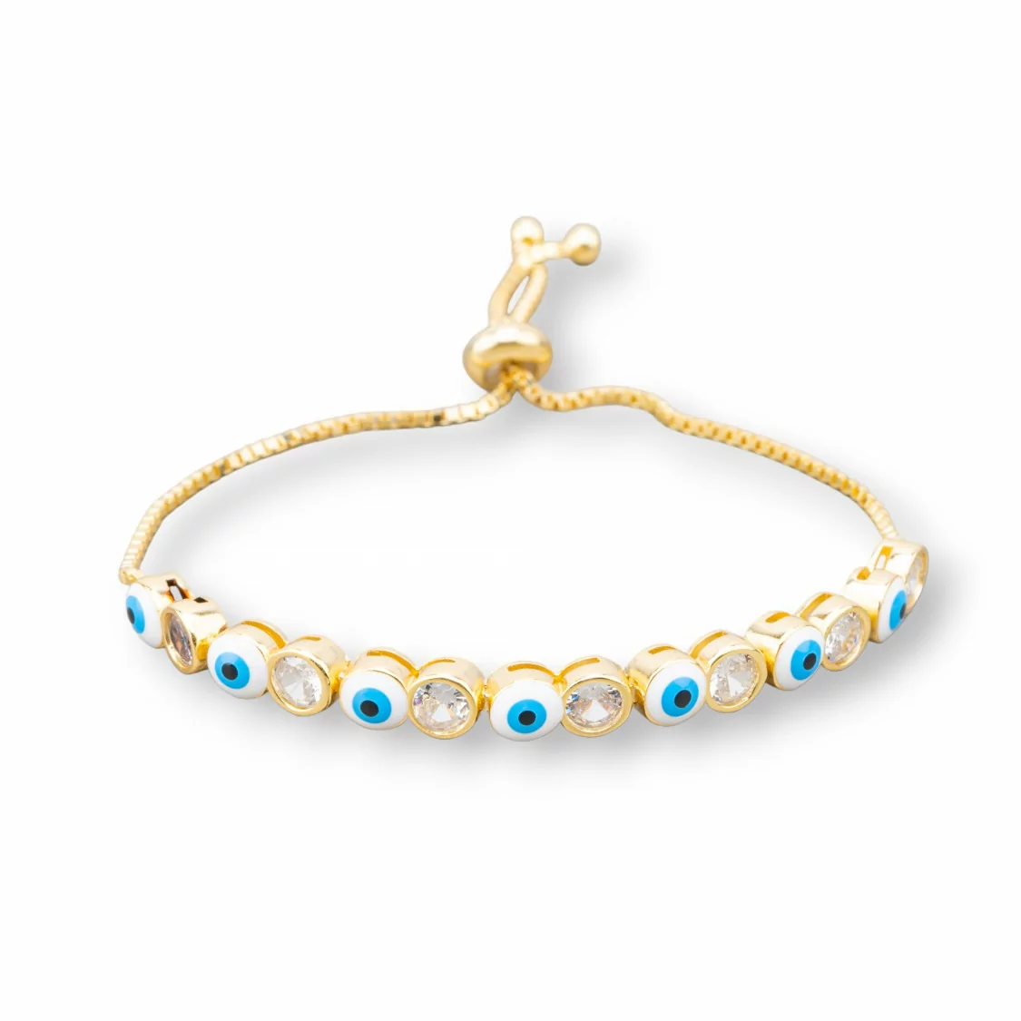 Bracciale Di Argento 925 Con Occhio Di Allah e Zirconi 5mm Con Misura Regolabile Dorato Celeste-BRACCIALI TENNIS | Worldofjewel.com