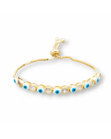 Bracciale Di Argento 925 Con Occhio Di Allah e Zirconi 5mm Con Misura Regolabile Dorato Celeste-BRACCIALI TENNIS | Worldofjewel.com