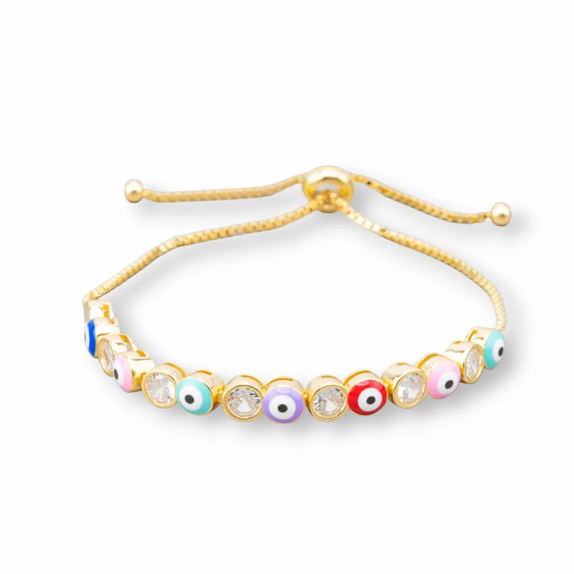 Bracciale Di Argento 925 Con Occhio Di Allah e Zirconi 5mm Con Misura Regolabile Dorato Multicolor-BRACCIALI TENNIS | Worldofjewel.com