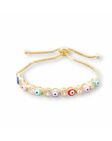 Bracciale Di Argento 925 Con Occhio Di Allah e Zirconi 5mm Con Misura Regolabile Dorato Multicolor-BRACCIALI TENNIS | Worldofjewel.com