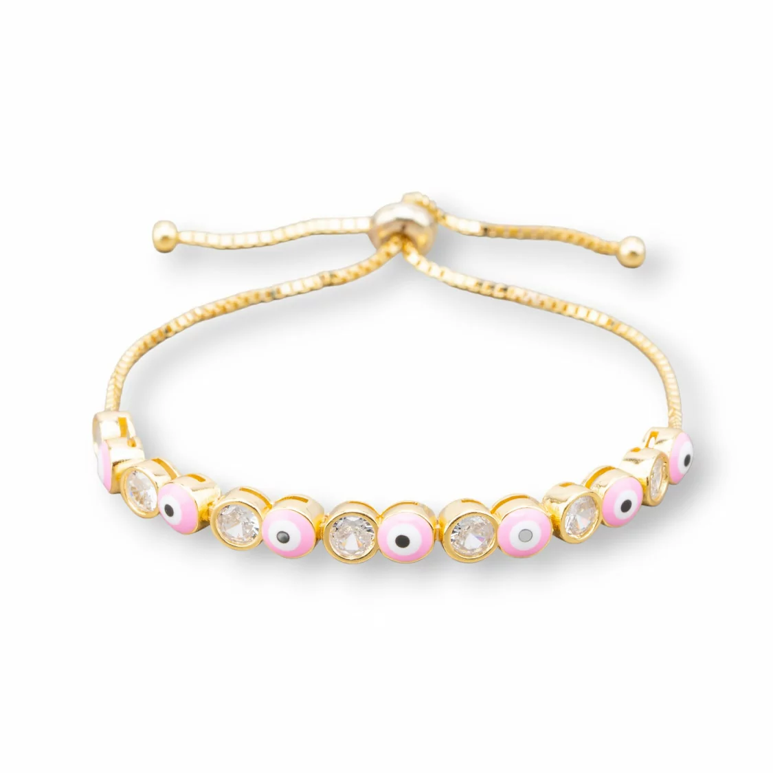 Bracciale Di Argento 925 Con Occhio Di Allah e Zirconi 5mm Con Misura Regolabile Dorato Rosa-BRACCIALI TENNIS | Worldofjewel.com