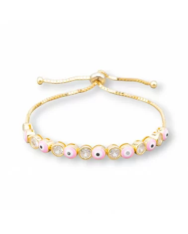 Bracciale Di Argento 925 Con Occhio Di Allah e Zirconi 5mm Con Misura Regolabile Dorato Rosa-BRACCIALI TENNIS | Worldofjewel.com