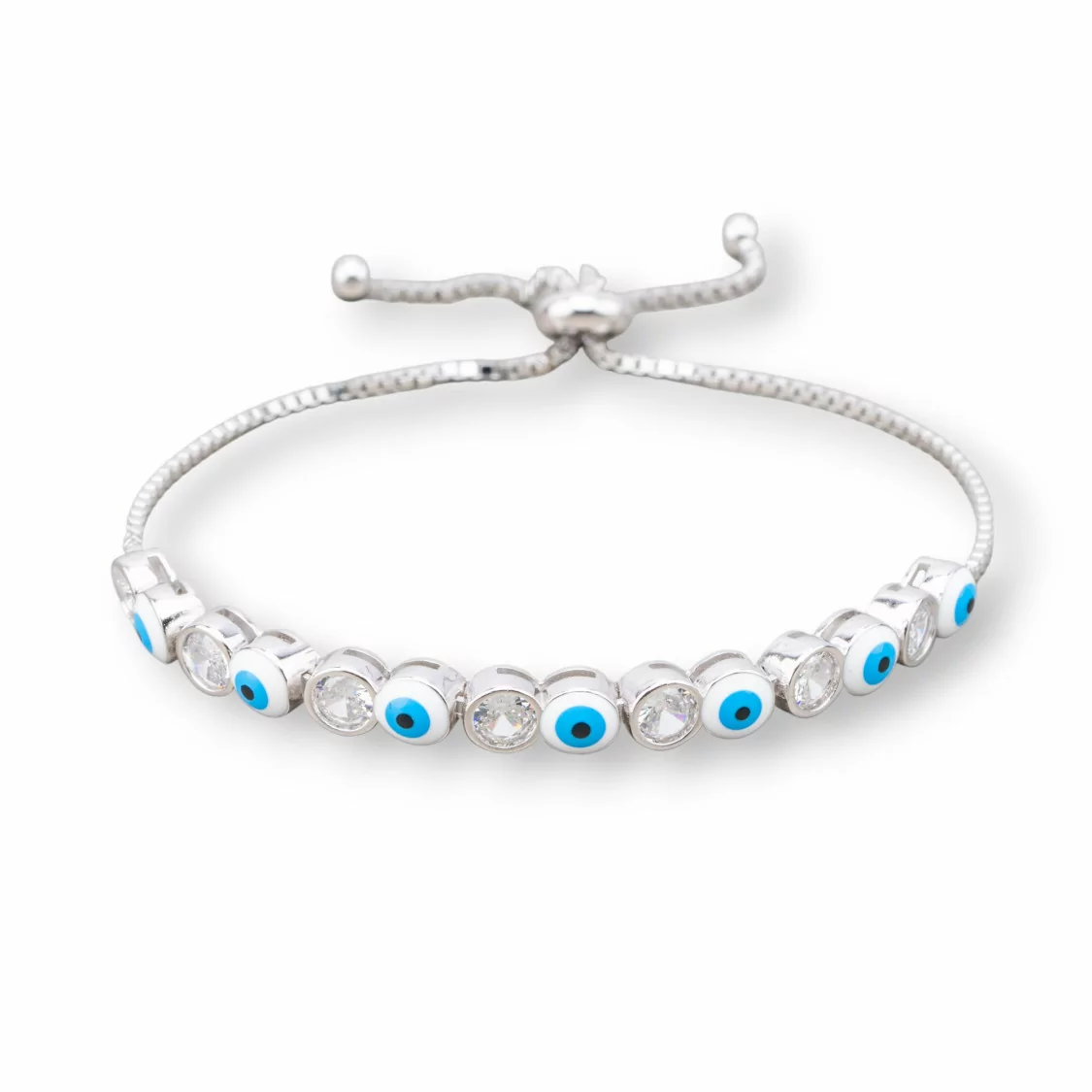 Bracciale Di Argento 925 Con Occhio Di Allah e Zirconi 5mm Con Misura Regolabile Rodiato Celeste-BRACCIALI TENNIS | Worldofjewel.com